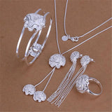 925 Silver Rose Flower Set: Bangle Bracelets Rings Necklaces