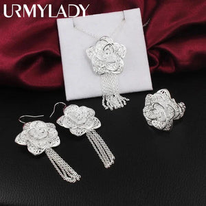 925 Silver Wedding Retro Woman Necklace Earring Ring Set