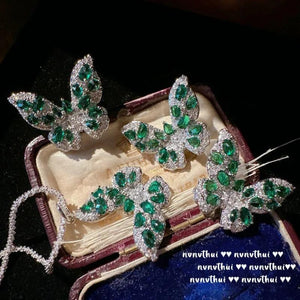 925 Silver Green Zircon Butterfly Set for Women Party