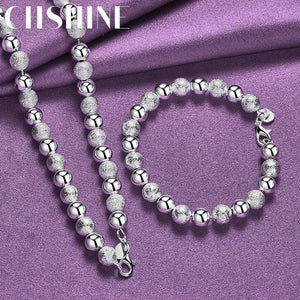 925 Silver 8mm Matte Bead Chain Bracelet Necklace Set