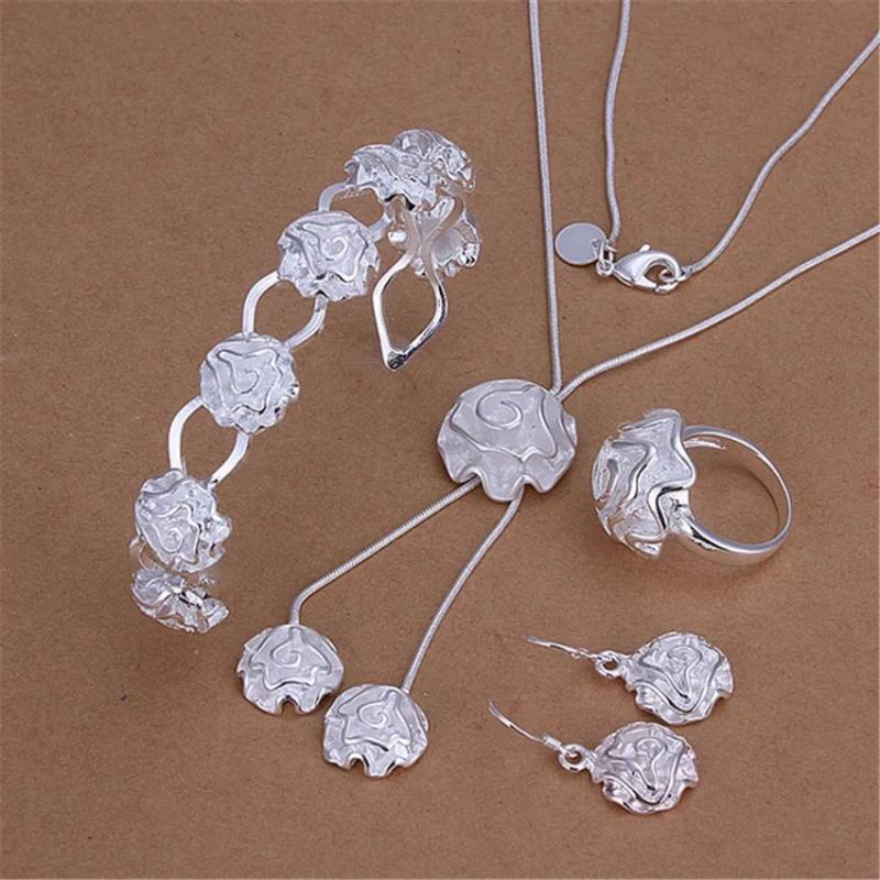 925 Silver Rose Flower Jewelry Set for Women Wedding Party