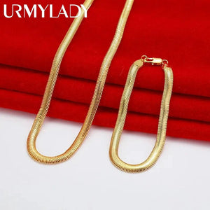 925 Sterling Silver Plated 18K Fine 6MM Snake Bone Necklace Bracelet Set