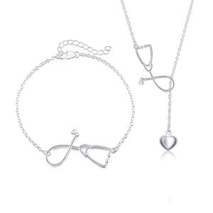 925 Silver Stethoscope Heart Necklace Bracelet Set Women Wedding Jewelry