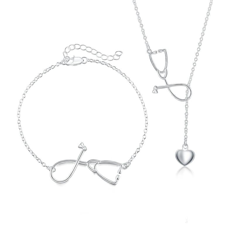 925 Silver Stethoscope Heart Necklace Bracelet Set Women Wedding Jewelry