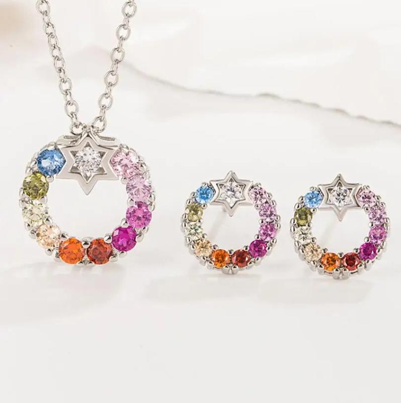 925 Silver Rainbow Zircon Circle Pendant Necklace+Earrings Set