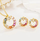 925 Silver Rainbow Zircon Circle Pendant Necklace+Earrings Set