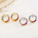 925 Silver Rainbow Zircon Circle Pendant Necklace+Earrings Set