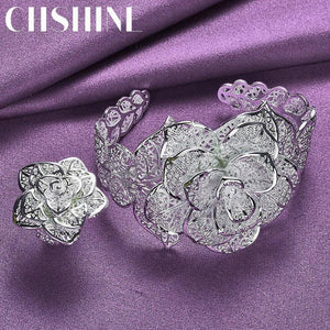 925 Silver Flower Bangle Bracelet Ring Set