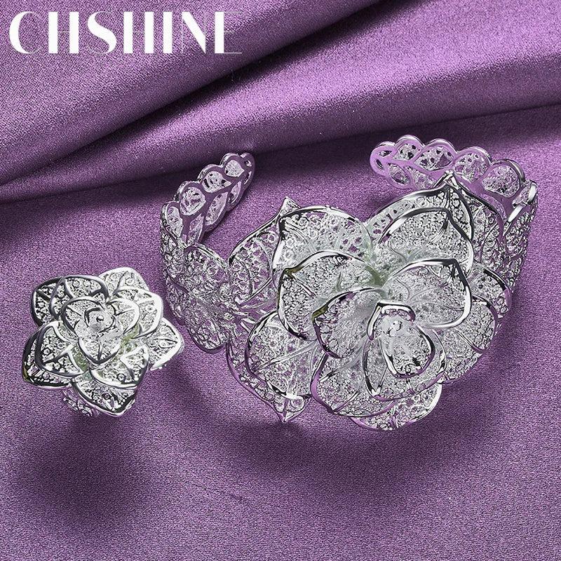 925 Silver Flower Bangle Bracelet Ring Set