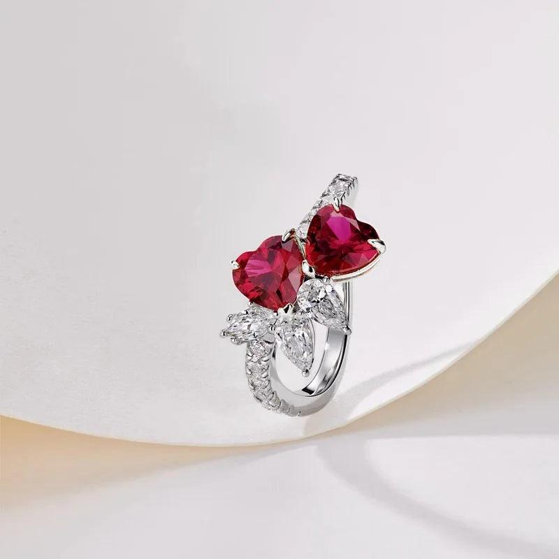 Romantic Peach Heart Earrings Zircon Red Ring Love Necklace Set
