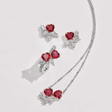 Romantic Peach Heart Earrings Zircon Red Ring Love Necklace Set