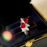 Romantic Peach Heart Earrings Zircon Red Ring Love Necklace Set
