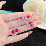 Romantic Peach Heart Earrings Zircon Red Ring Love Necklace Set