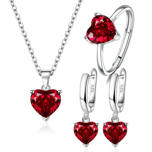 925 Silver Jewelry Set Heart Zircon Ring Earrings Necklace Bridal Christmas
