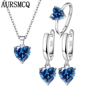 925 Silver Jewelry Set Heart Zircon Ring Earrings Necklace Bridal Christmas