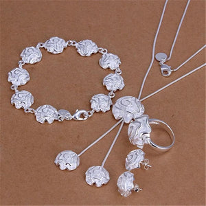 925 Silver Jewelry Set Rose Flower Rings Bracelet Necklace Earring Stud