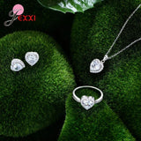 925 Silver Heart Jewelry Set Cubic Zircon Ring Necklace Earrings