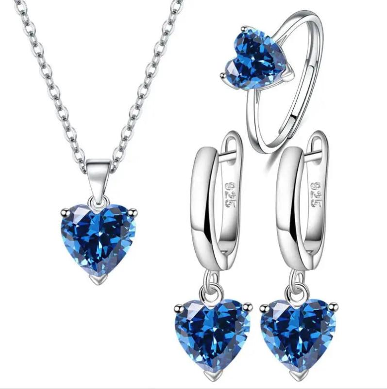 925 Silver Jewelry Set: Heart Zircon Ring Earrings Necklace Wedding Christmas
