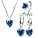 925 Silver Jewelry Set: Heart Zircon Ring Earrings Necklace Wedding Christmas