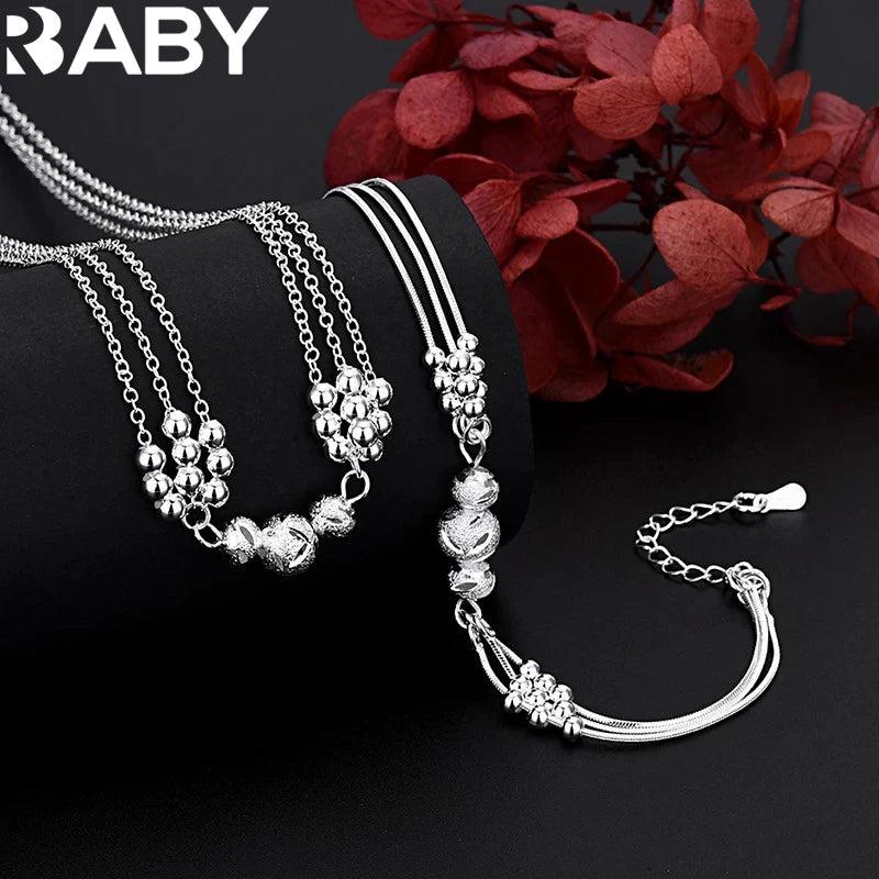 925 Silver Lucky Beads Necklace Bracelet Set for Women Wedding