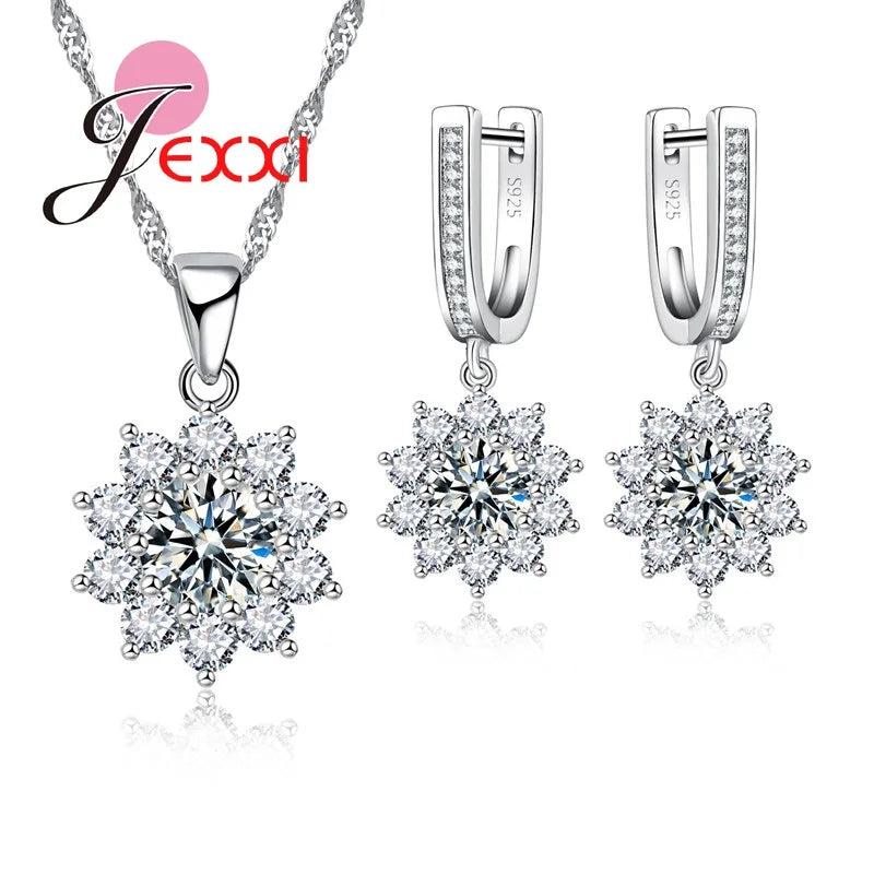 AAA Zircon Crystal Sterling Silver 925 Necklace Snowflake Shaped Set