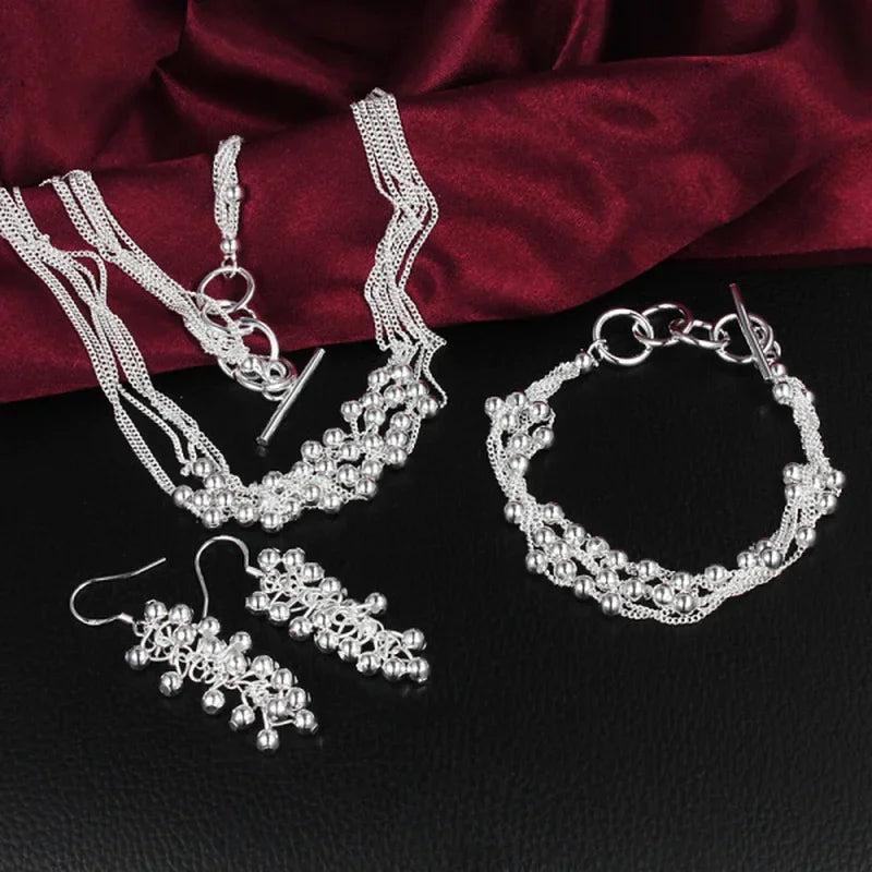925 Silver Wedding Beads 18in Necklace Earring Bracelet Set