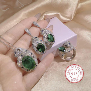 Sterling Silver Emerald Tourmaline Tassel Leopard Jewelry Set