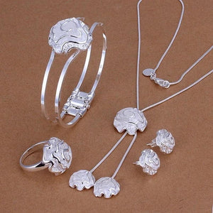 925 Sterling Silver Wedding Flower Charm Roses Jewelry Set