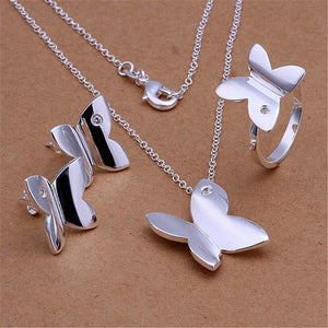 925 Silver Crystal Butterfly Pendant Necklace Earrings Rings Set