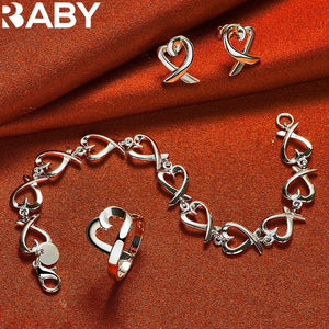 925 Silver Heart Bracelet Earrings Set Wedding Jewelry