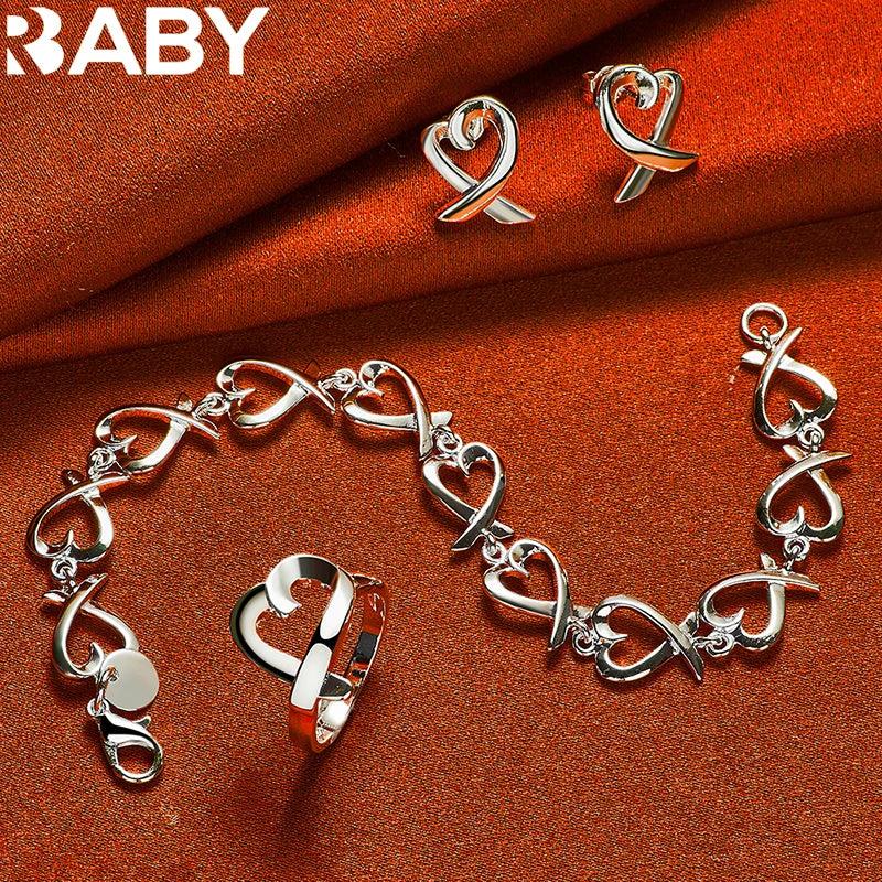 925 Silver Heart Bracelet Earrings Set Wedding Jewelry
