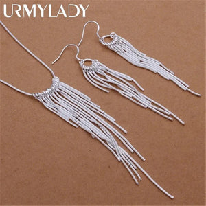 925 Silver Jewelry Set Tassel Necklace Earrings Party Wedding