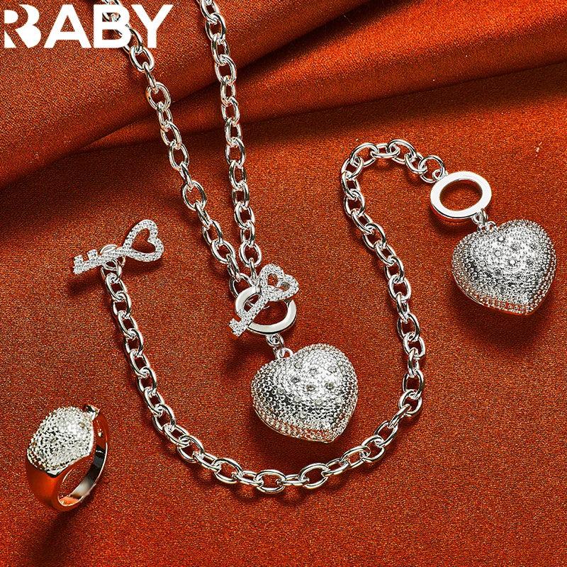925 Silver Zircon Heart Pendant Set Romantic Wedding Jewelry