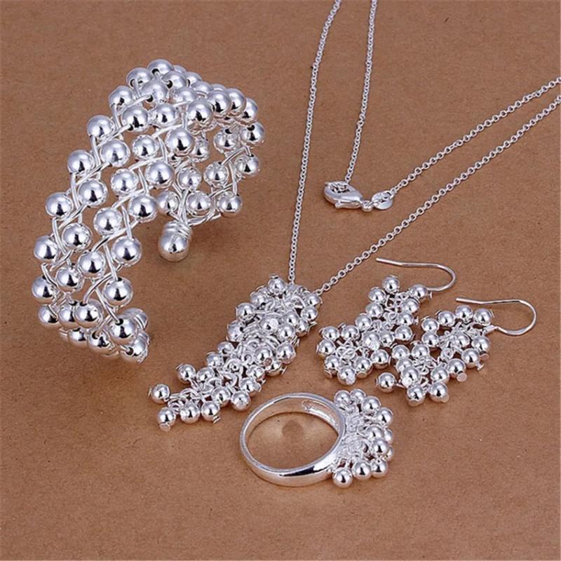 Grape Beads Pendant Bangle 925 Sterling Silver Jewelry Set for Women