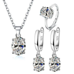Suyixian925 Sterling Silver Jewelry Sets Ellipse Zircon Ring Necklace Earrings