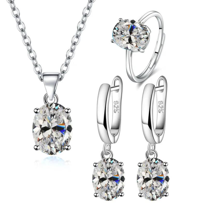 Suyixian925 Sterling Silver Jewelry Sets Ellipse Zircon Ring Necklace Earrings