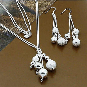 925 Silver Round Beads Necklace & Earrings Set for Women