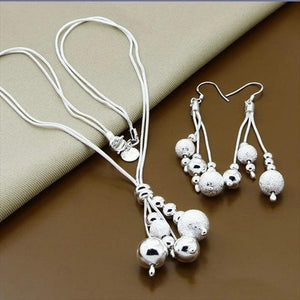 925 Silver Round Beads Necklace & Earrings Set for Women
