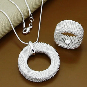 925 Silver Round Necklace & Ring Set for Women Men