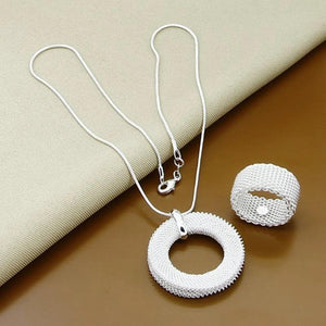 925 Silver Round Necklace & Ring Set for Women Men