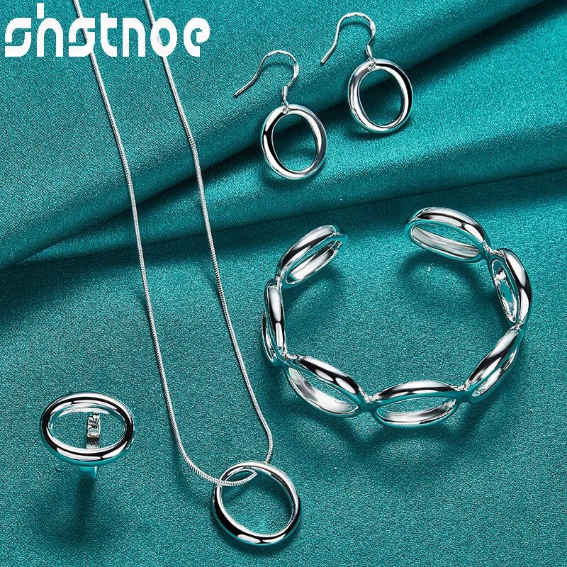 Sterling Silver Circle Jewelry Set Pendant Necklace Bangle Earrings Ring