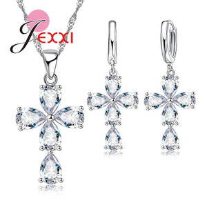 925 Silver CZ Charm Flower Pendant Set