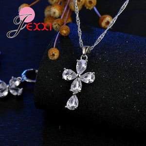 925 Silver CZ Charm Flower Pendant Set