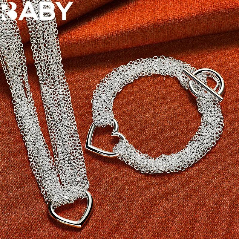 925 Silver Heart Multi-Chain Necklace & Bracelet Set for Wedding Party