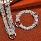 925 Silver Heart Multi-Chain Necklace & Bracelet Set for Wedding Party