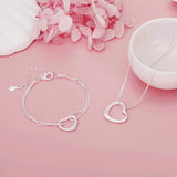 925 Sterling Silver Heart Bracelet Necklace Set for Women