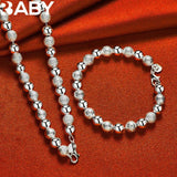 925 Silver Frosting Smooth Beads Chain Bracelet Necklace Set
