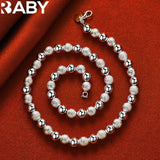 925 Silver Frosting Smooth Beads Chain Bracelet Necklace Set