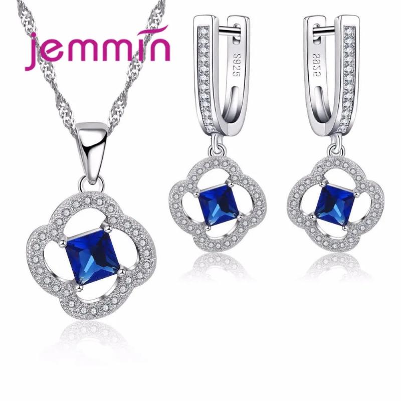 925 Silver CZ Pendant Necklace Earrings Set for Wedding