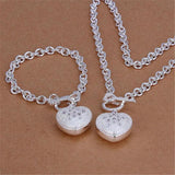 Crystal Heart Pendant Sterling Silver Bracelet Necklace Set
